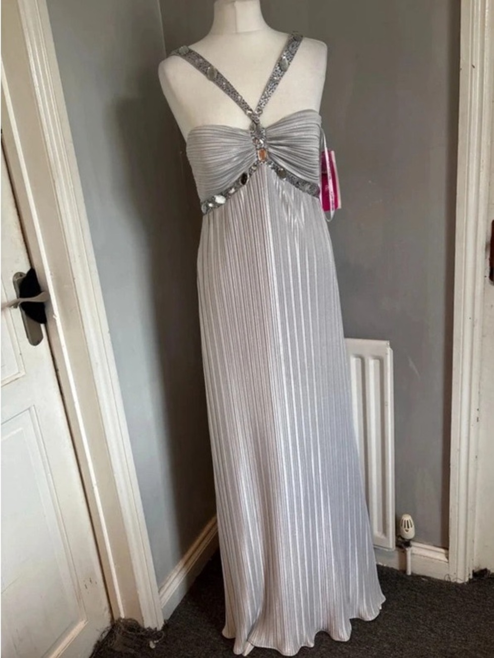 Elegant Silver Pleated Maxi Dress with Embellished Cross Straps